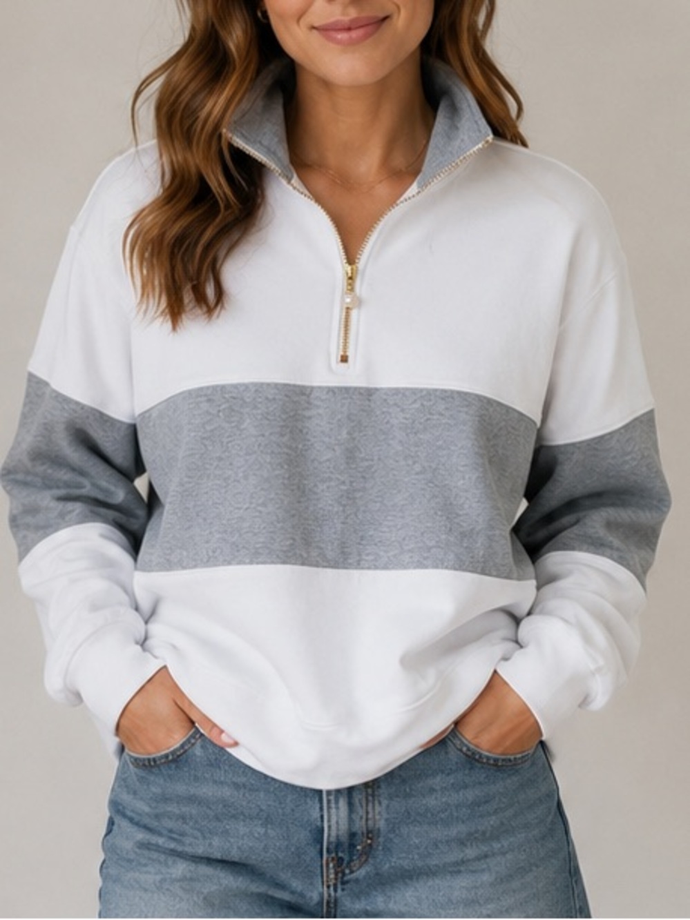 Donni Rugby Half Zip Sweatshirt Pullover Cloud white grey pearl zipper Medium